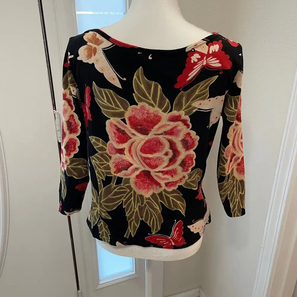 Nostalgia Black Sequin Floral Print Top Size Large Women's RN060508